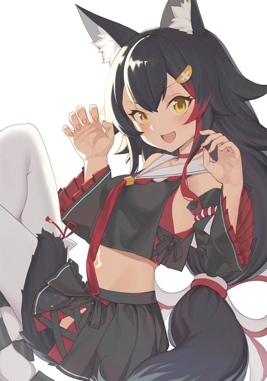 9nojo :d animal_ear_fluff animal_ears black_hair black_skirt blush breasts choker claw_pose commentary detached_sleeves female frilled_sleeves frills hair_between_eyes hair_ornament hairclip highres hololive long_hair looking_at_viewer midriff multicolored_hair navel ookami_mio ookami_mio_(1st_costume) open_mouth red_choker red_hair simple_background skirt smile solo streaked_hair symbol-only_commentary tail tail_around_own_leg tail_wrap thighhighs very_long_hair virtual_youtuber white_background white_thighhighs wide_sleeves wolf_ears wolf_girl wolf_tail yellow_eyes