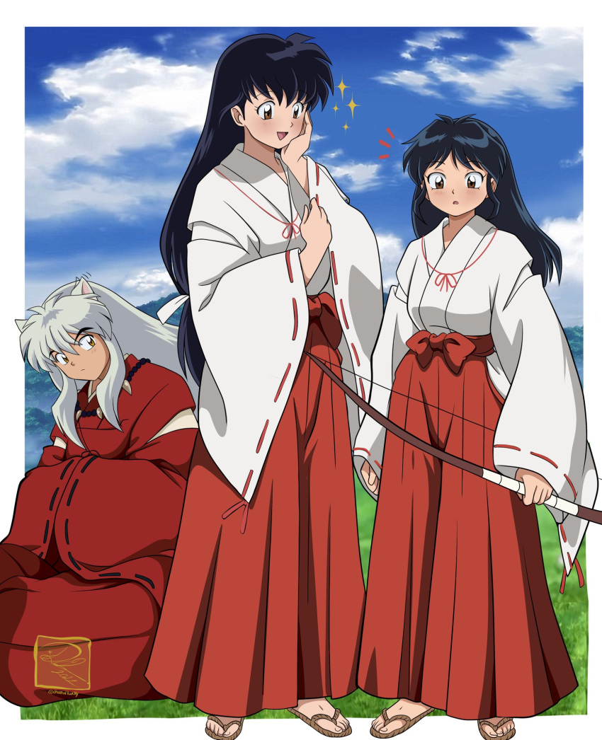 1boy 2girls alternate_hairstyle animal_ears black_hair bow_(weapon) brown_eyes chandllucky dog_ears family father_and_daughter hair_down han'you_no_yashahime hand_on_own_face highres higurashi_kagome holding holding_bow_(weapon) holding_weapon husband_and_wife inuyasha inuyasha_(character) japanese_clothes kimono long_hair long_sleeves matching_outfits miko moroha mother_and_daughter multiple_girls sandals sidelocks very_long_hair waraji weapon white_hair wide_sleeves yellow_eyes zouri