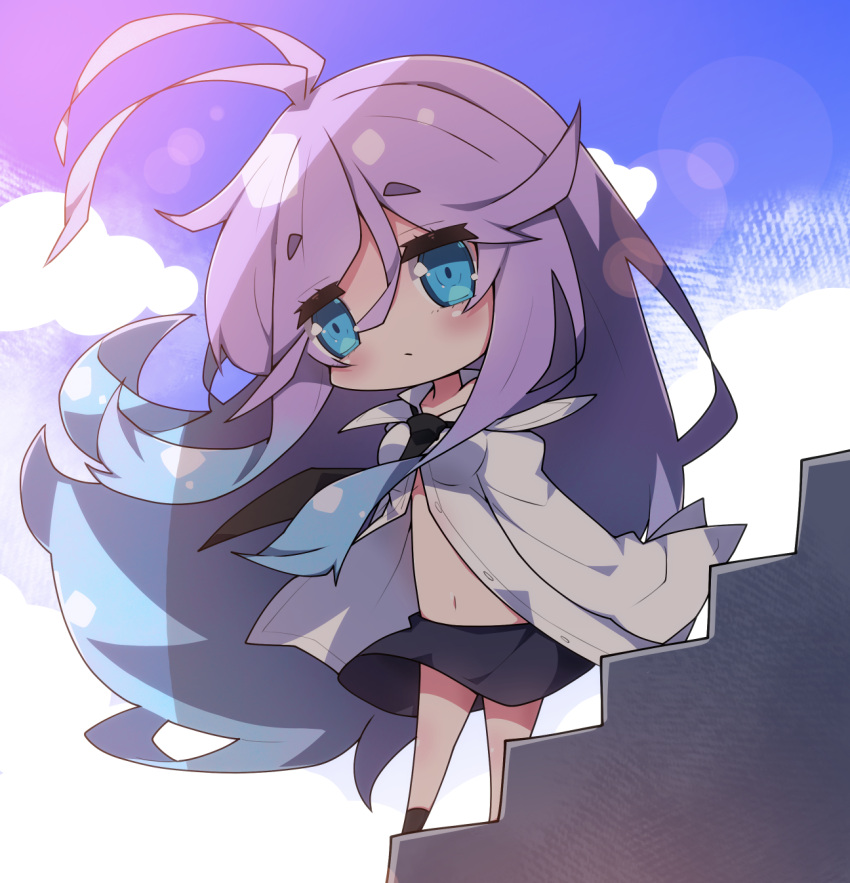 antenna_hair black_necktie black_skirt black_socks blue_eyes blue_hair blue_sky blush breasts chibi closed_mouth collared_shirt commentary_request day dress_shirt female fuyou-chan gradient_hair highres long_hair medium_breasts milkpanda multicolored_hair navel necktie open_clothes open_shirt original outdoors purple_hair shirt skirt sky socks solo standing very_long_hair white_shirt