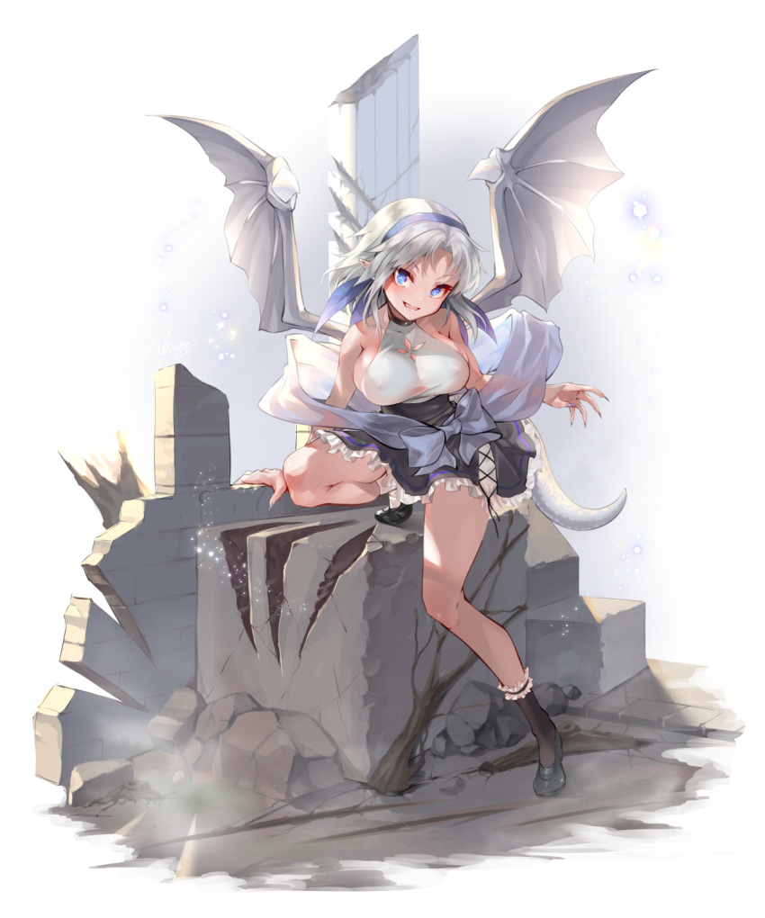 bare_shoulders black_footwear black_skirt black_socks blue_eyes borrowed_character bow braid breasts broken claw_mark clip_studio_paint_(medium) collarbone commentary_request covered_nipples dragon_girl dragon_tail dragon_wings female fingernails frilled_skirt frills grey_hair hairband highres large_bow large_breasts looking_at_viewer medium_hair open_mouth original parted_bangs pillar sharp_fingernails shirt shoes short_hair skirt sleeveless sleeveless_shirt smile socks solo tail usuki_(graygreed) white_shirt wings