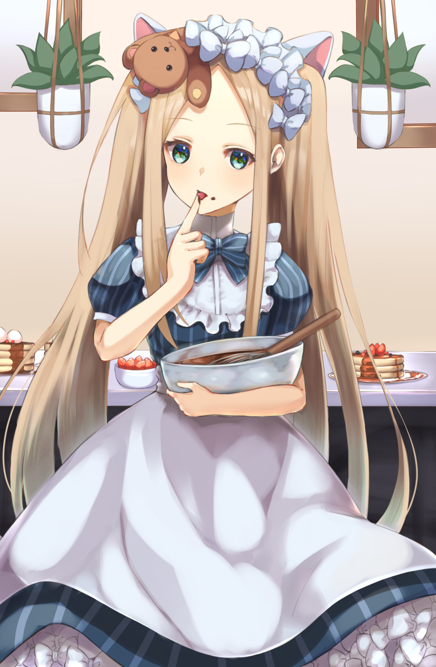 abigail_williams_(fate) abigail_williams_(heart_of_cooking)_(fate) absurdres animal_ears apron bao_(s_888) blonde_hair blue_dress blue_eyes blush bow breasts cat_ears dress fate/grand_order fate_(series) female food forehead fruit hairbow highres long_hair looking_at_viewer mixing_bowl multiple_hair_bows official_alternate_costume pancake parted_bangs plate puffy_short_sleeves puffy_sleeves short_sleeves sidelocks small_breasts solo strawberry stuffed_animal stuffed_toy tasting teddy_bear tongue tongue_out twintails whisk