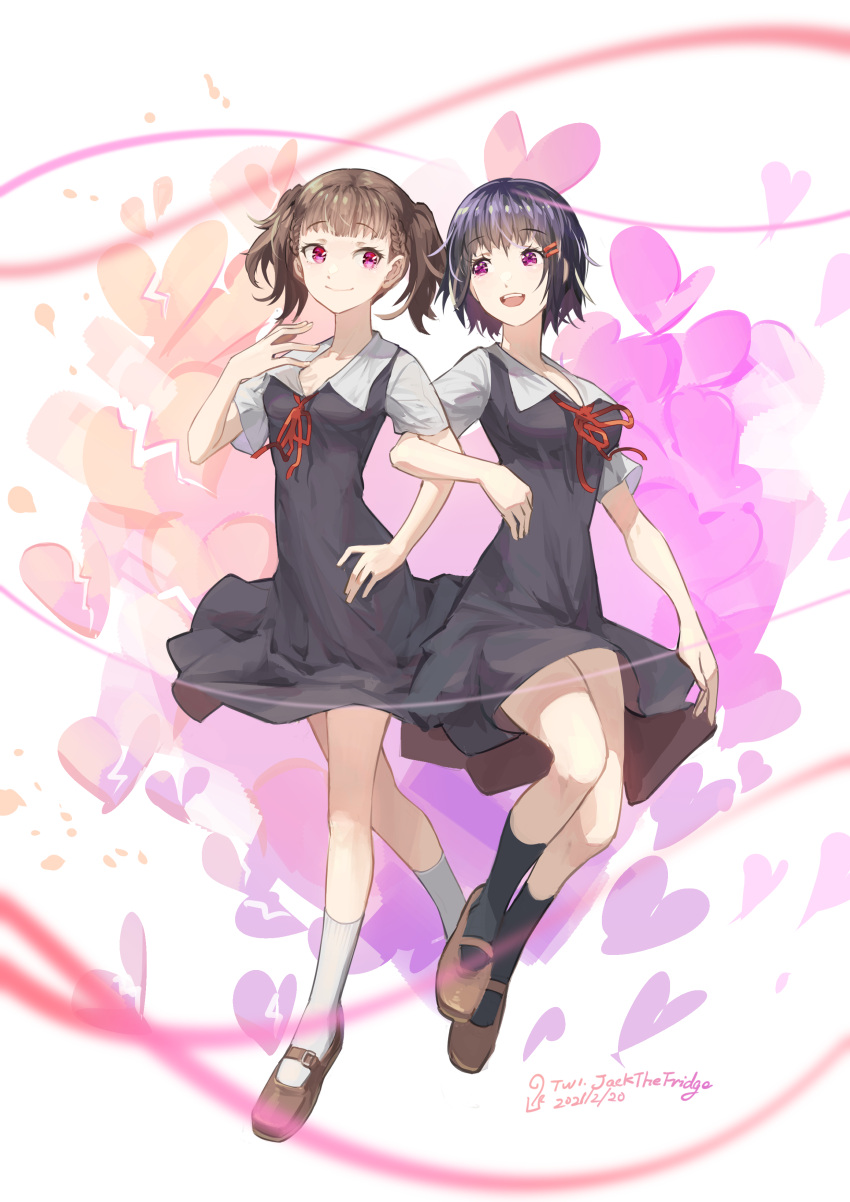 2girls :d absurdres black_dress black_legwear blunt_bangs blush braid breasts brown_footwear brown_hair commentary_request dated dress full_body hair_ornament hairclip hand_up highres kaguya-sama_wa_kokurasetai_~tensai-tachi_no_renai_zunousen~ kashiwagi_nagisa kneehighs locked_arms looking_at_another medium_breasts multiple_girls open_mouth ribbon school_uniform shijou_maki shoes short_hair short_sleeves shuuchiin_academy_school_uniform smile socks summer_uniform tanziya_(codlxcold) twintails white_legwear