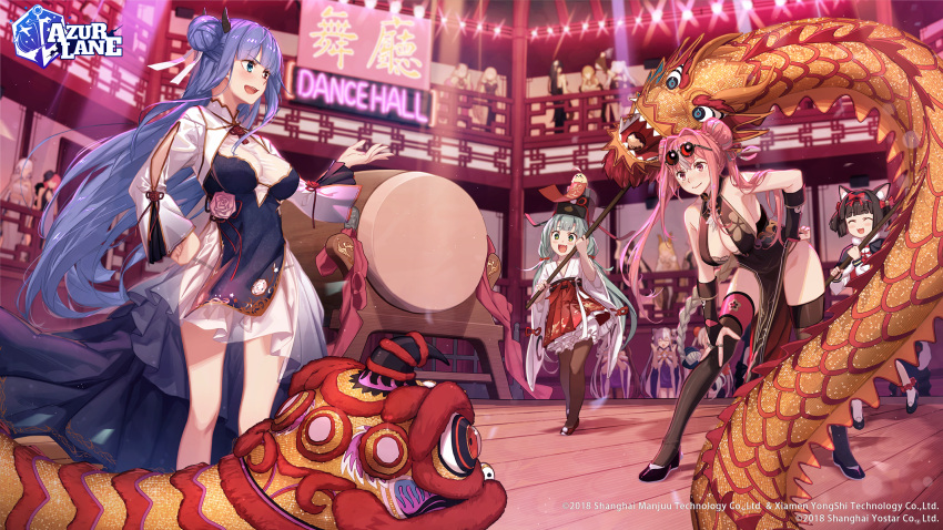 6+girls architecture azur_lane bare_shoulders black_hair black_thighhighs blue_eyes blue_hair breasts bremerton_(azur_lane) bremerton_(kung_fu_cruiser)_(azur_lane) china_dress chinese_clothes chinese_new_year cleavage closed_eyes dragon_dance dress drum east_asian_architecture eyewear_on_head glowworm_(azur_lane) glowworm_(jokey_adjudicator)_(azur_lane) green_hair heterochromia highres horns ibuki_(arrival_of_spring)_(azur_lane) ibuki_(azur_lane) instrument lion_dance multiple_girls multiple_horns mutsuki_(azur_lane) mutsuki_(spring_festival_sweets)_(azur_lane) pelvic_curtain red_eyes thighhighs yachimoto