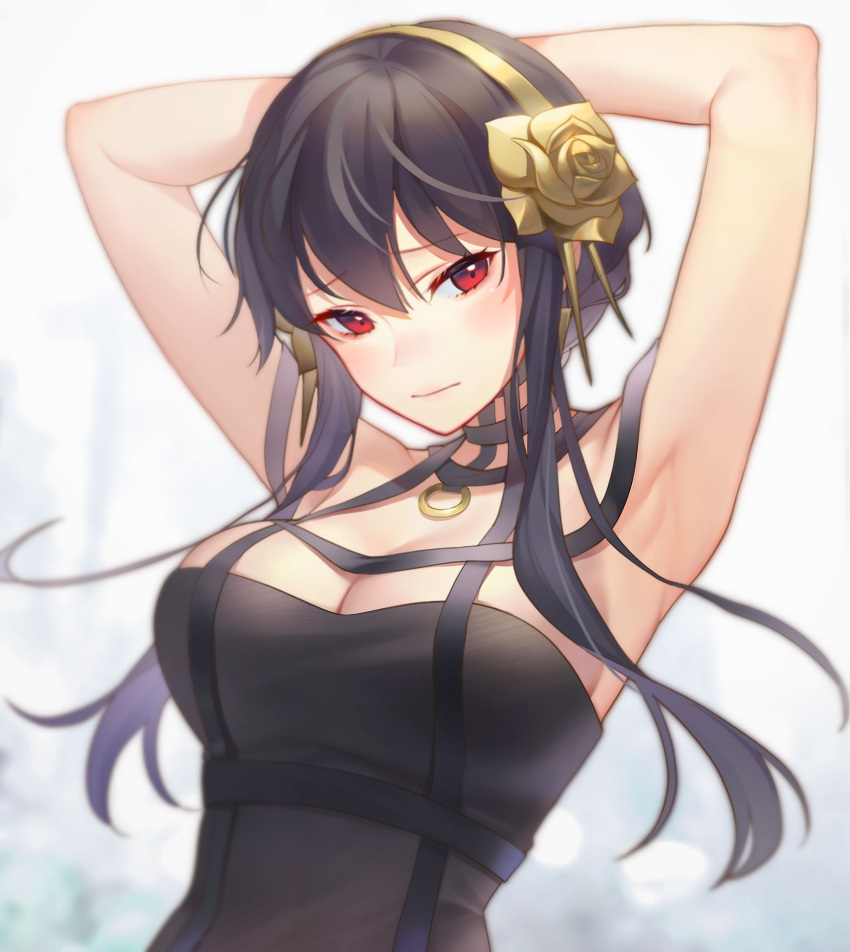 armpits arms_behind_head arms_up bare_arms bare_shoulders black_dress black_hair blush breasts cleavage closed_mouth collarbone commentary_request dress earrings eyelashes female flower furrowed_brow gold_earrings gold_hairband hair_between_eyes hair_flower hair_ornament hairband head_tilt highres jewelry large_breasts long_hair looking_at_viewer multi-strapped_dress okitanation red_eyes revision rose sidelocks sleeveless sleeveless_dress solo spy_x_family upper_body yellow_hairband yor_briar