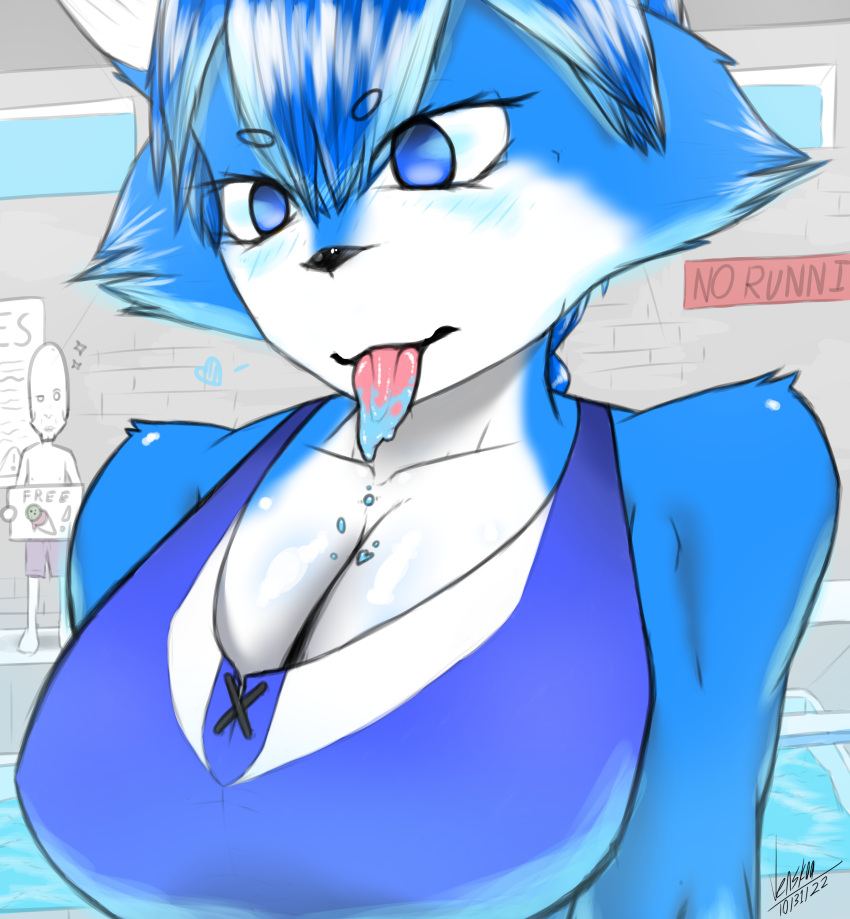 absurd_res anthro big_breasts breasts canid canine cleavage close-up clothed clothing dessert female food fox fur heart_symbol hi_res human ice_cream mammal solo swimwear tongue vensaru