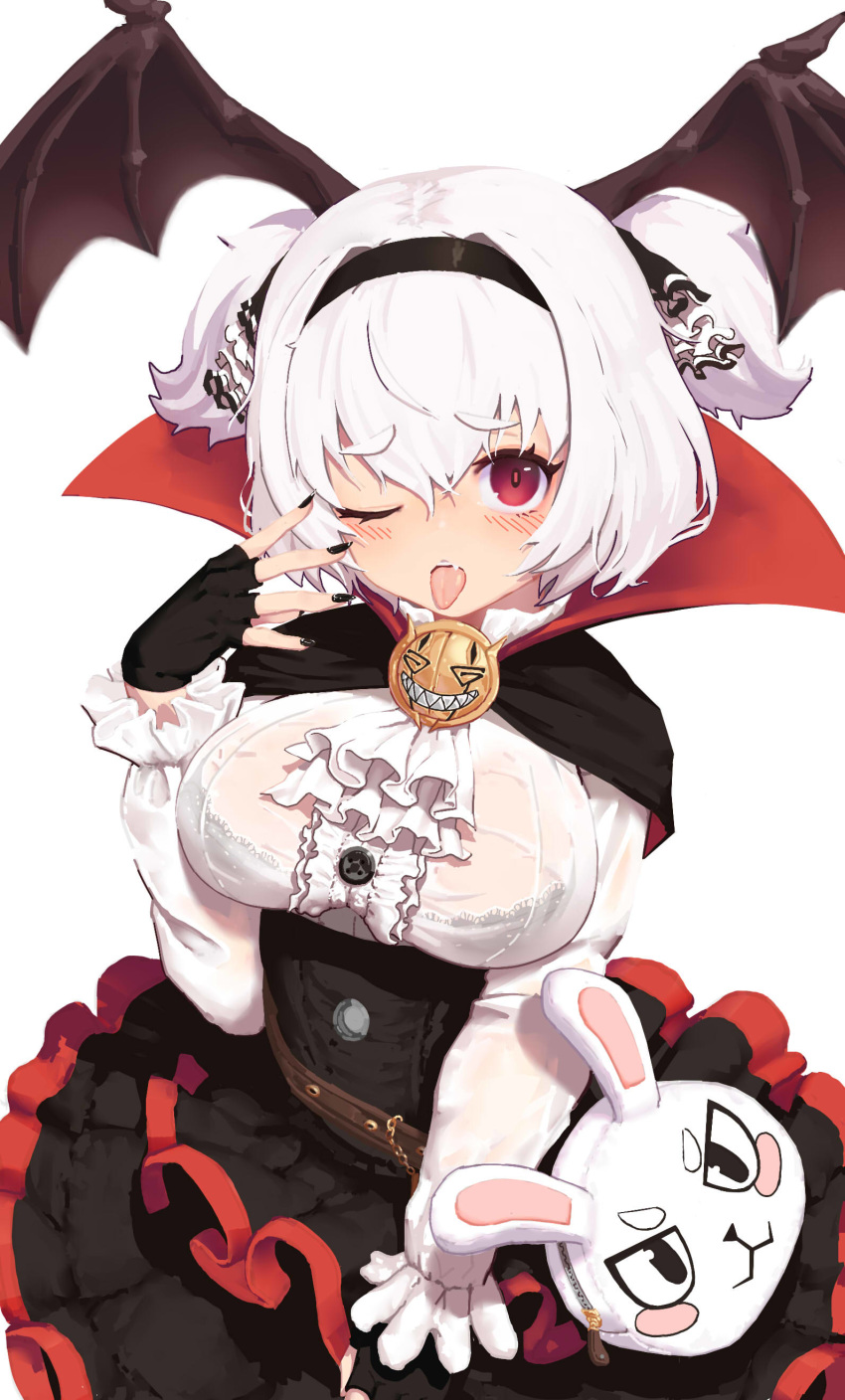 :p absurdres alvis_(last_origin) animal_bag bad_id bad_pixiv_id black_nails blush bra breasts brooch commentary dress female fingerless_gloves gloves gothic_lolita greentree hair_between_eyes hairband head_wings highres huge_breasts jewelry last_origin lolita_fashion looking_at_viewer oerba_yun_fang official_alternate_costume one_eye_closed oppai_loli rabbit_bag red_eyes see-through simple_background solo tongue tongue_out two_side_up underwear white_background white_hair wings