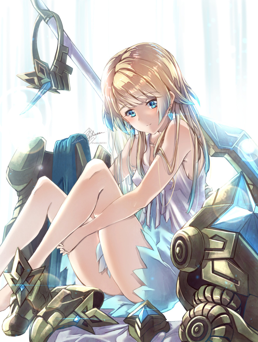 absurdres armor artist_name axe bare_shoulders barefoot battle_axe blonde_hair blue_eyes blue_hair blush clear_glass_(mildmild1311) closed_mouth commentary_request dress earrings female fire_emblem fire_emblem_heroes fjorm_(fire_emblem) full_body gradient_clothes gradient_hair highres jewelry knees_up light_smile long_hair looking_at_viewer multicolored_hair shoes short_dress signature simple_background sitting sleeveless solo thighs tiara two-tone_hair unworn_armor unworn_shoes weapon