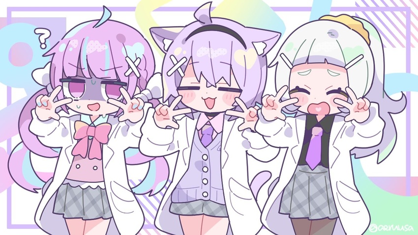 3girls :d ? ^_^ aeruusa ahoge alternate_costume animal_ear_fluff animal_ears black_hairband black_shirt blue_hair blue_nails blue_shirt blush_stickers bow braid brown_legwear cardigan cat_ears cat_girl cat_tail closed_eyes collared_shirt commentary double_w grey_hair grey_skirt hair_ornament hair_scrunchie hairband hairbow hairclip heart heart_in_mouth hololive lab_coat long_hair long_sleeves minato_aqua multicolored_hair multiple_girls murasaki_shion nail_polish necktie nekomata_okayu open_clothes open_mouth pantyhose parody pink_bow pink_shirt pink_vest plaid plaid_skirt pleated_skirt ponytail purple_cardigan purple_hair purple_necktie scrunchie shaded_face shirt skirt smile style_parody sweat tail terada_tera_(style) turing_love twintails twitter_username two-tone_hair very_long_hair vest virtual_youtuber w white_bow x_hair_ornament yellow_scrunchie