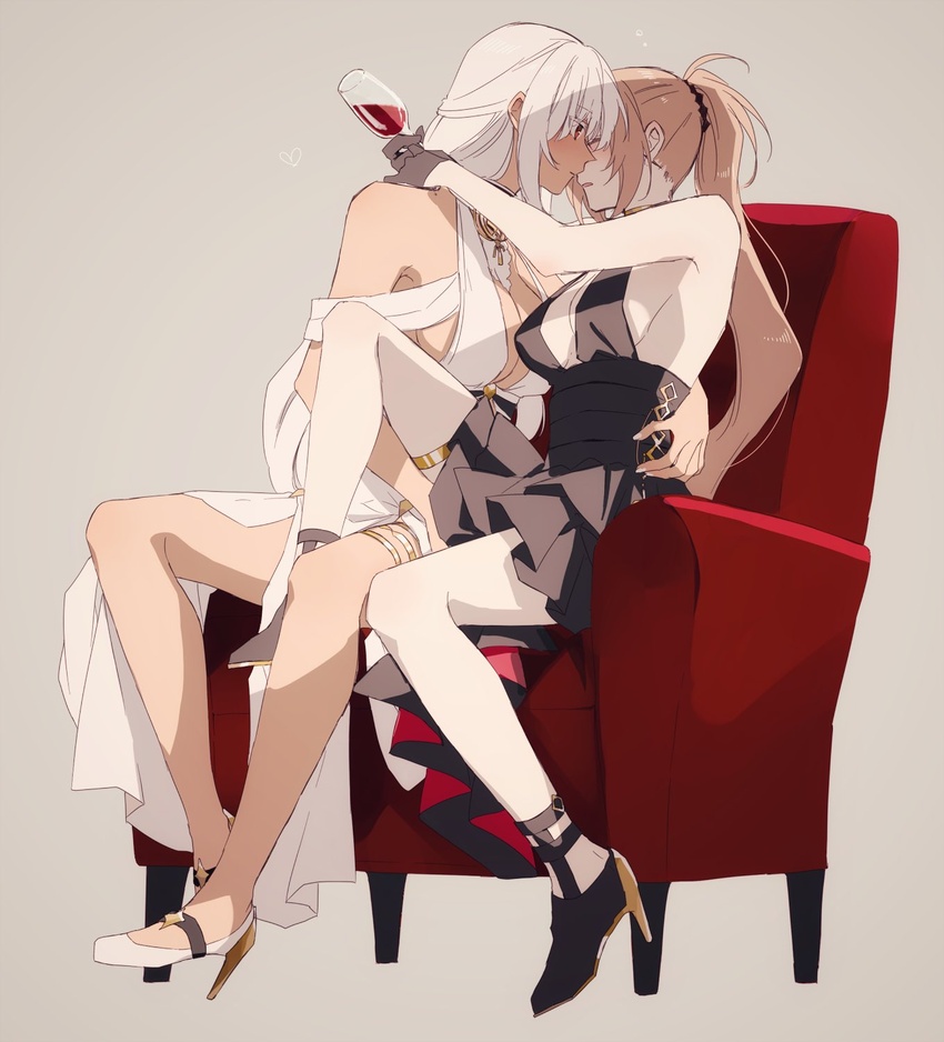 2girls amazuki_jou azur_lane black_dress body_markings cocktail_dress commentary_request cup dark-skinned_female dark_skin dress drinking_glass evening_gown facial_mark forehead_mark gloves half_gloves halter_dress halterneck high-waist_sideboob high_heels highres jean_bart_(azur_lane) jean_bart_(uninhibited_bloodstone)_(azur_lane) light_brown_hair long_hair massachusetts_(azur_lane) massachusetts_(dressed_to_impress)_(azur_lane) multiple_girls official_alternate_costume orange_eyes ponytail sleeveless sleeveless_dress thighlet white_dress white_hair white_nails wine_glass yuri