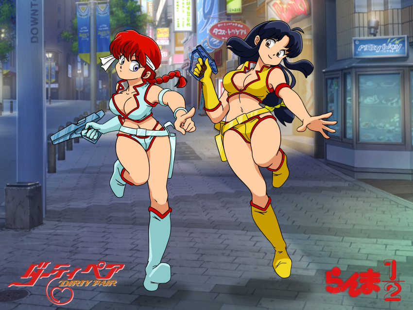 2girls bad_id bad_pixiv_id belt boots braid breasts cleavage cleavage_cutout clothing_cutout cosplay crop_top dirty_pair gloves gun headband highres kei_(dirty_pair) kei_(dirty_pair)_(cosplay) long_hair medium_breasts moechiki multiple_girls navel ranma-chan ranma_1/2 single_glove tendou_akane weapon yuri_(dirty_pair) yuri_(dirty_pair)_(cosplay)