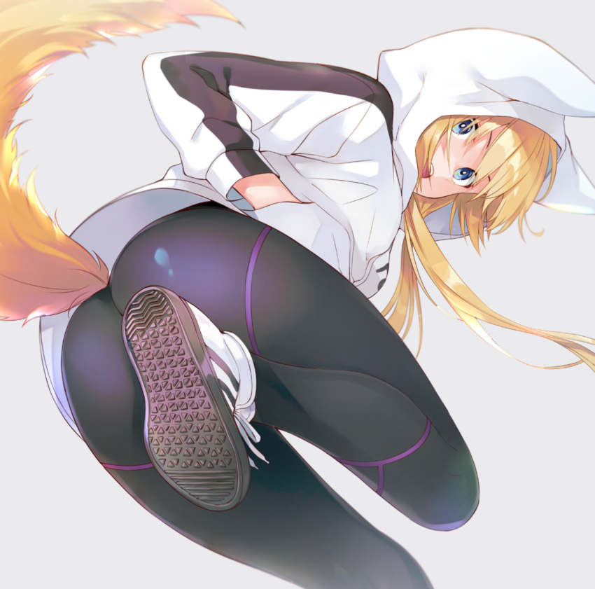 animal_ears animal_hood black_pantyhose blonde_hair blue_eyes e_(eokiba) fake_animal_ears female fox_ears fox_girl fox_tail from_below hand_in_pocket highres hood hood_up hoodie kemono_jihen kon_(kemono_jihen) long_hair long_sleeves looking_at_viewer pantyhose shoes sneakers solo tail white_footwear white_hoodie