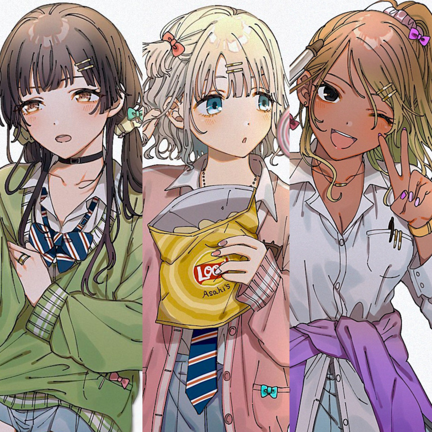 3girls :o absurdres alternate_costume alternate_hairstyle black_hair blonde_hair blue_eyes blush bow bowtie bracelet breasts brown_eyes brown_hair chips_(food) choker cleavage clothes_around_waist collarbone collared_shirt column_lineup curling_iron earrings food gradient_hair grey_hair gyaru hair_ornament hairbow hairclip highres idolmaster idolmaster_shiny_colors iwawa izumi_mei jewelry kogal large_breasts long_eyelashes long_hair looking_at_viewer loose_bowtie loose_necktie mayuzumi_fuyuko multicolored_hair multiple_girls nail_polish necklace necktie one_eye_closed open_mouth pen pen_in_pocket ponytail potato_chips ring scrunchie serizawa_asahi shirt short_hair short_sidetail simple_background smile straylight_(idolmaster) sweater sweater_around_waist tan twintails untucked_shirt v white_background