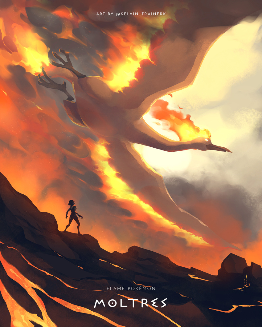 beak bird candela_(pokemon) character_name closed_mouth commentary copyright_name english_commentary female fire highres kelvin-trainerk lava legs_apart looking_up moltres outdoors pokemon pokemon_(creature) pokemon_go short_hair standing talons twitter_username