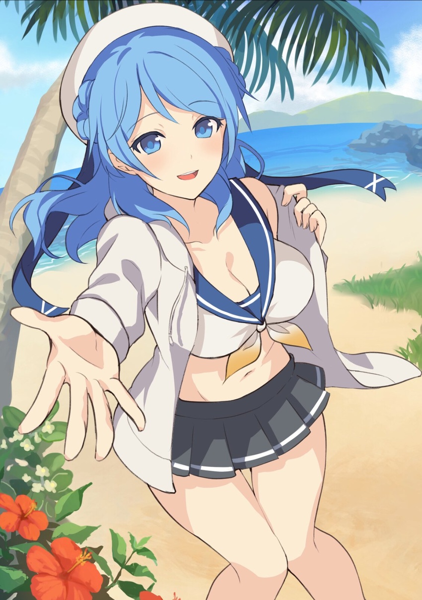 beach bikini bikini_top_only blue_eyes blue_hair blue_sailor_collar blush breasts cleavage cloud day double_bun female flower grey_skirt hair_bun hat hibiscus highres jacket kantai_collection large_breasts long_hair long_sleeves mountain ocean open_mouth outdoors palm_tree red_flower sailor_bikini sailor_collar sailor_hat sand senbei_(senbe_i) skirt sky solo swimsuit tree urakaze_(kancolle) water white_hat white_jacket