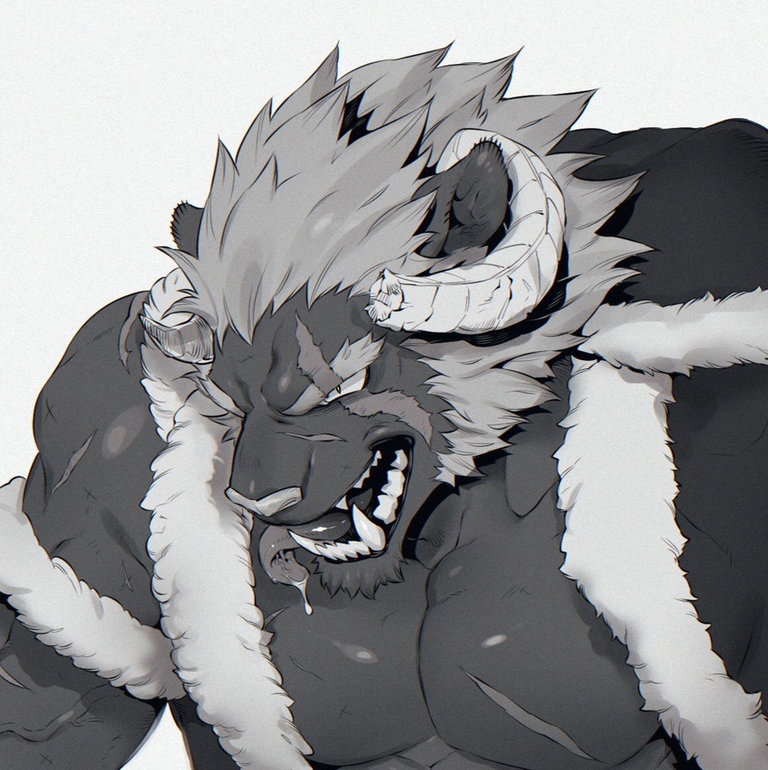 1boy animal_ears bara bare_pectorals commentary curled_horns fur-trimmed_jacket fur_trim furry furry_male greyscale hood hooded_jacket horns jacket krampus_(housamo) large_pectorals long_sideburns male_focus medium_hair monochrome muscular muscular_male norasame_(dagako) pectorals saliva scar scar_across_eye scar_on_chest sideburns simple_background solo thick_eyebrows tokyo_afterschool_summoners tongue tongue_out tusks upper_body white_background