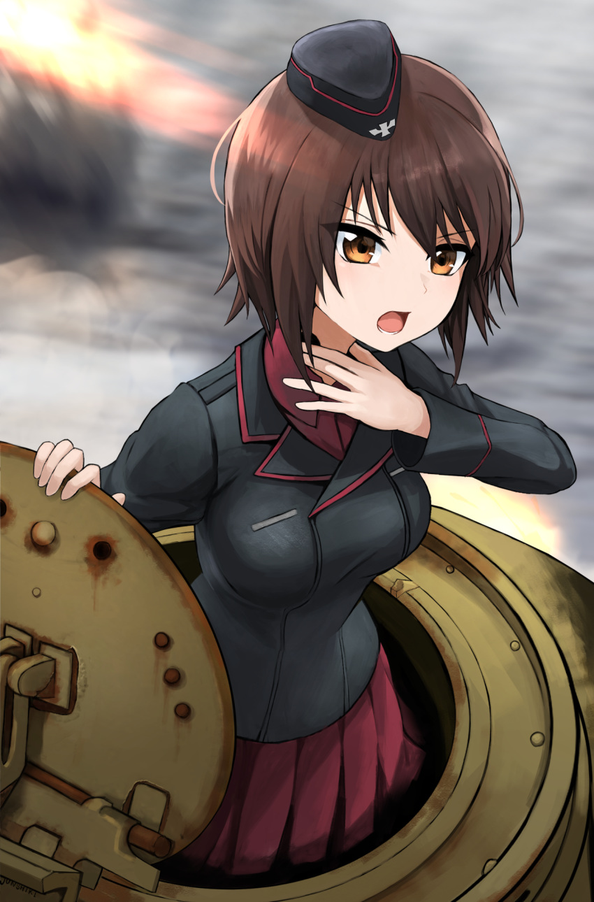 black_hat black_jacket blurry blurry_background brown_eyes brown_hair commentary dress_shirt female garrison_cap girls_und_panzer hand_on_own_neck hat highres insignia jacket junshiki kuromorimine_military_uniform long_sleeves military military_hat military_uniform nishizumi_maho open_mouth pleated_skirt red_shirt red_skirt shirt short_hair skirt solo tank_cupola throat_microphone uniform wing_collar