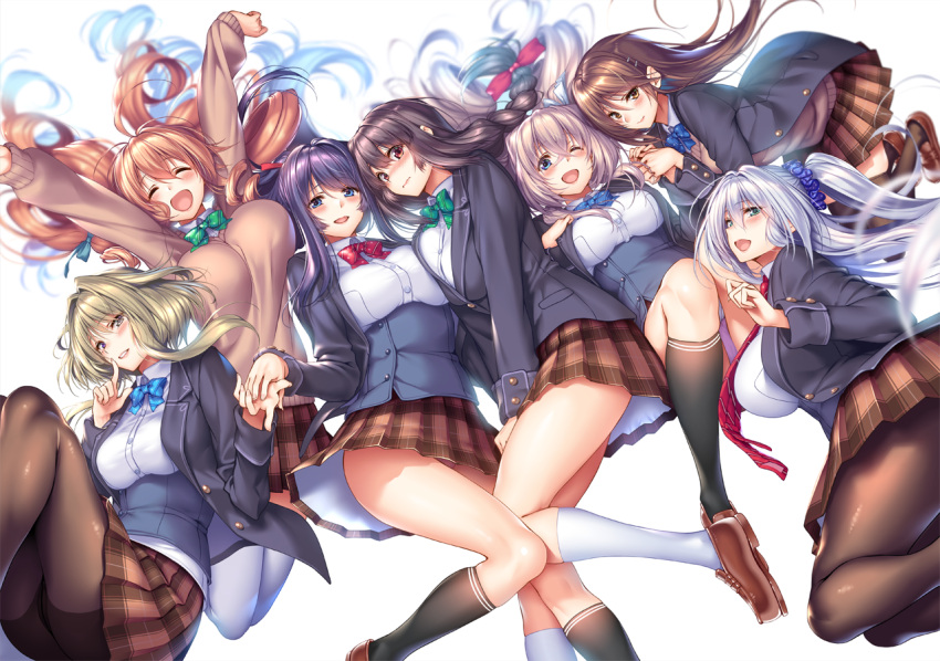 6+girls amakano amakano_~second_season~ arms_up asymmetrical_docking black_hair black_socks blazer blurry blush bow bowtie braid braided_ponytail breast_press breasts brown_eyes brown_footwear brown_hair brown_skirt brown_thighhighs cardigan closed_eyes depth_of_field floating_hair green_hair hair_ornament hair_scrunchie holding_hands hoshikawa_koharu index_finger_raised jacket kanbayashi_mizuki kneehighs large_breasts loafers long_hair long_sleeves low-tied_long_hair miniskirt multiple_girls necktie non-web_source official_art one_eye_closed open_clothes open_jacket open_mouth panties pantyhose pantyshot parted_lips photoshop_(medium) pink_panties piromizu plaid plaid_skirt pleated_skirt purple_hair red_eyes red_necktie school_uniform scrunchie shoes simple_background skirt smile socks striped_necktie suzurikawa_euphrasie_ruika takayashiro_sayuki takayashiro_yuzuka thighhighs twintails underbust underwear v_arms very_long_hair white_background white_hair white_socks