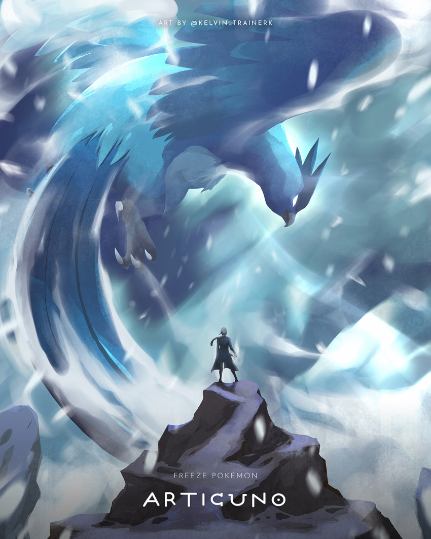 1other articuno beak bird blanche_(pokemon) character_name closed_mouth coat copyright_name floating_hair glowing glowing_eyes grey_hair highres kelvin-trainerk long_hair long_sleeves pokemon pokemon_(creature) pokemon_go ponytail snowing standing talons twitter_username white_eyes