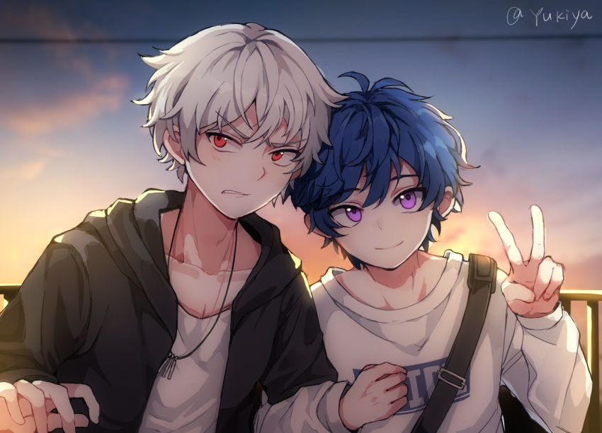 2boys asahi_nayuta bad_id bad_pixiv_id bishounen blue_hair chinese_commentary commentary from_argonavis hood hooded_jacket jacket jewelry locked_arms male_focus md5_mismatch multiple_boys nanahoshi_ren necklace purple_eyes red_eyes signature sunset v white_hair yukiya_(8678277)