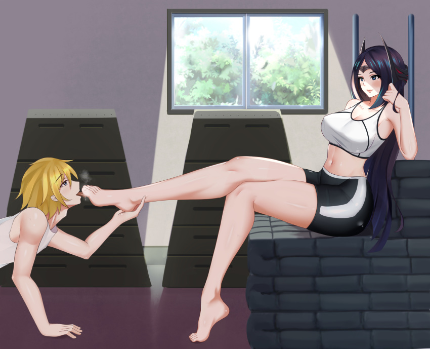 1boy absurdres armpit_crease armpits barefoot black_eyes black_hair blonde_hair breasts ezreal feet female foot_worship gym gym_shorts highres indoors irelia kuroshiro_no_tsubasa large_breasts league_of_legends legs licking licking_foot long_hair long_legs muscular short_hair shorts sportswear straight tall tall_female tank_top toes tongue vaulting_horse