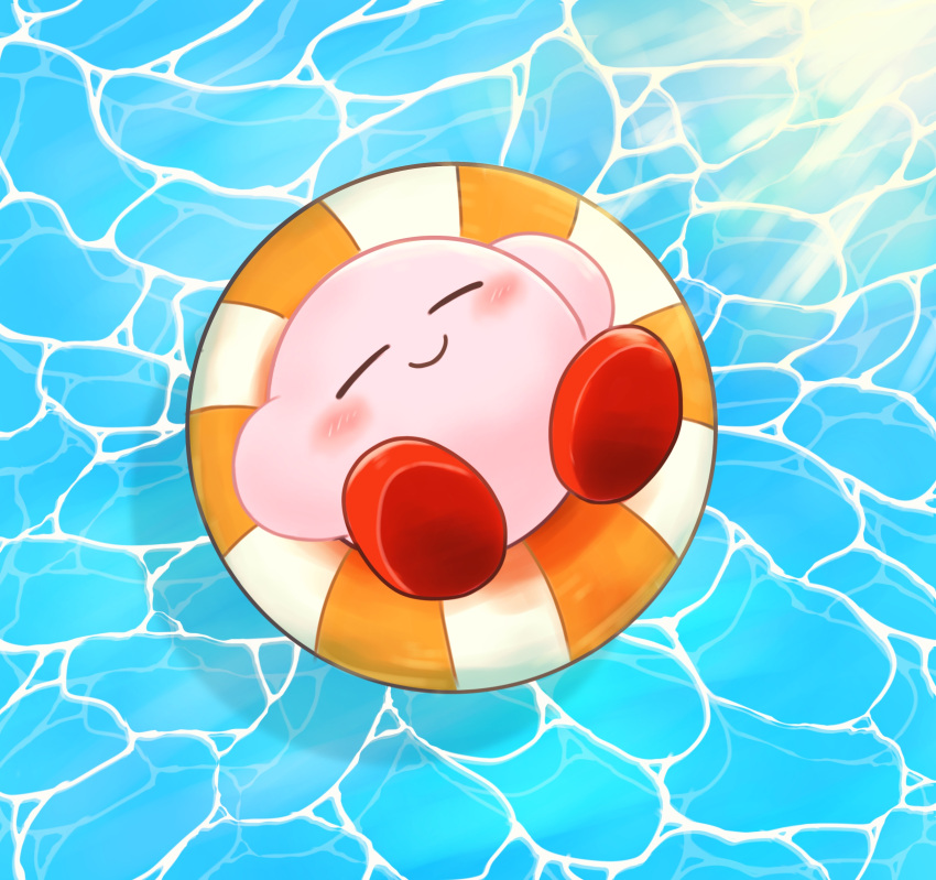 afloat blue_background blush caustics closed_eyes closed_mouth commentary_request day from_above full_body happy highres innertube kirby kirby_(series) light_rays lying miwa_(ahyuck) no_humans on_back outdoors smile solo sunlight swim_ring water