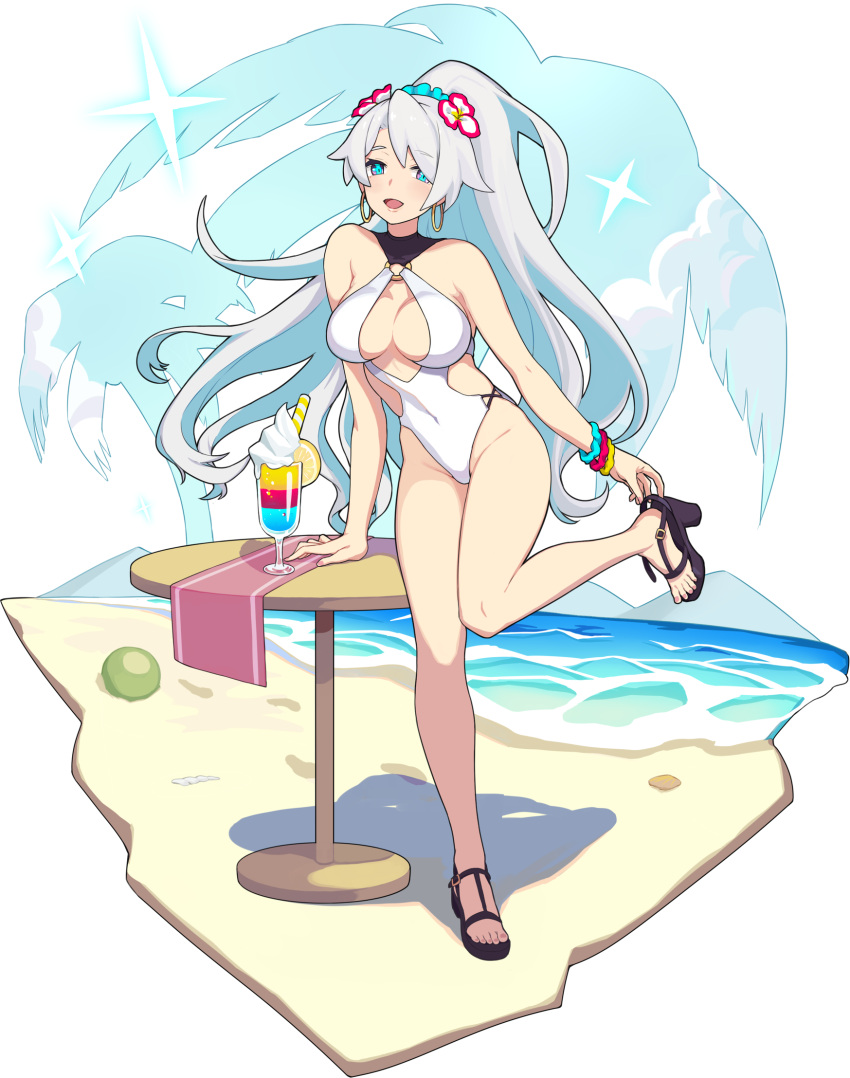 beach belsidia_(world_flipper) black_footwear blue_eyes breasts center_opening cleavage_cutout clothing_cutout cloud covered_navel cup day drinking_glass earrings female food fruit full_body halterneck high_ponytail highleg highleg_swimsuit highres hoop_earrings ice_cream jewelry large_breasts lemon lemon_slice long_hair looking_at_viewer mountain o-ring o-ring_swimsuit ocean one-piece_swimsuit open_mouth outdoors palm_tree parted_bangs sand sandals sky solo standing standing_on_one_leg sundae swimsuit table taotao transparent_background tree very_long_hair wafer_stick water white_hair white_one-piece_swimsuit world_flipper