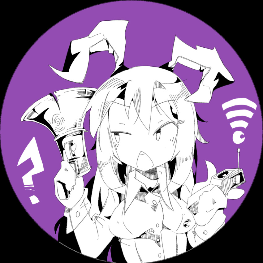 ? animal_ears breasts chestnut_mouth collared_shirt commentary confused crescent crescent_pin female formal gun hands_up hatching_(texture) high_contrast holding holding_megaphone impossible_clothes impossible_jacket jacket lcz linear_hatching long_hair long_sleeves massakasama_(style) megaphone monochrome moon open_mouth purple_background purple_theme rabbit_ears rabbit_girl radio reisen_udongein_inaba round_image shirt sideways_glance simple_background solo suit symbol-only_commentary teeth tight_clothes touhou uneven_eyes upper_body upper_teeth_only weapon wi-fi_symbol