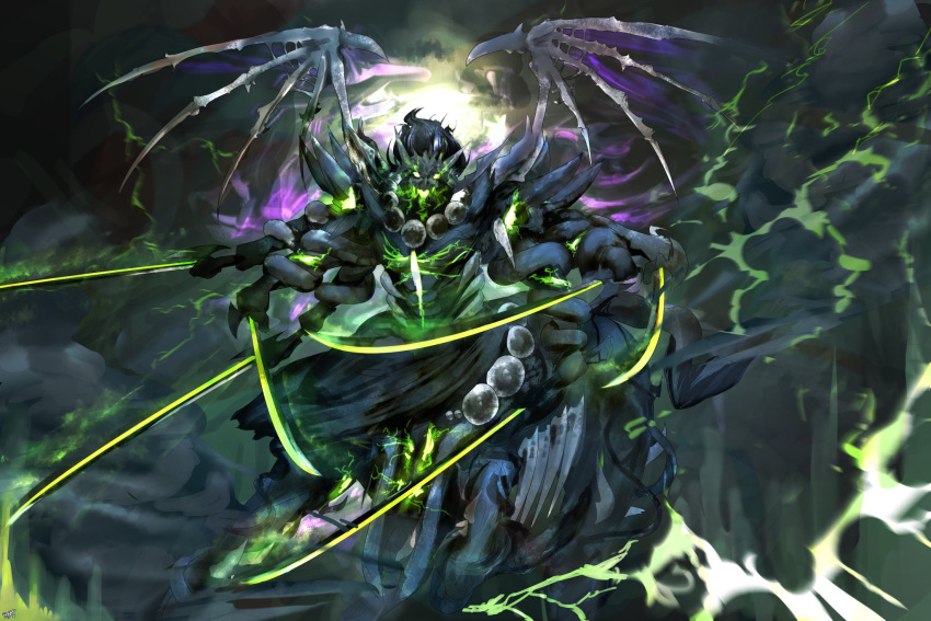 1boy bad_id bad_pixiv_id beads black_hair centaur claws cloud commentary_request extra_arms fate/grand_order fate_(series) glowing glowing_eyes glowing_weapon highres holding horns light long_hair looking_at_viewer male_focus mask masked monster_boy open_mouth sapota_clone skeletal_wings solo sword taur very_long_hair weapon wings xiang_yu_(fate)