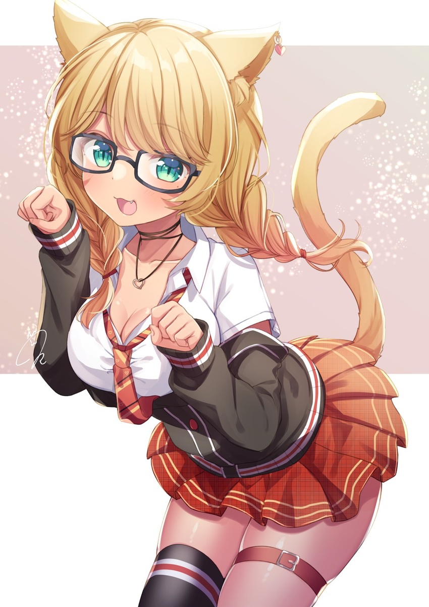 animal_ears blonde_hair blush braid breasts cat_ears cat_girl cat_tail collarbone commission earrings female final_fantasy final_fantasy_xiv glasses green_eyes heart heart_earrings highres jacket jewelry kaiyoko_star kisukekun large_breasts long_hair looking_at_viewer miqo'te off_shoulder open_clothes open_mouth original paw_pose pleated_skirt shirt signature single_thighhigh skeb_commission skirt smile solo tail thigh_strap thighhighs twin_braids warrior_of_light_(ff14) white_shirt