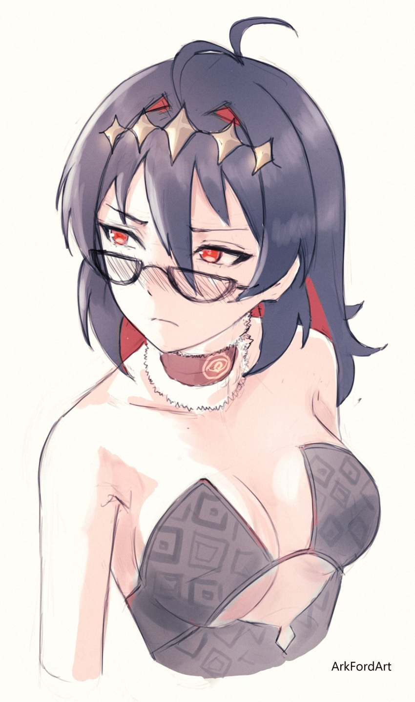 ahoge ark_ford artist_name black-framed_eyewear black_hair blush breasts choker cleavage colored_inner_hair cosplay cropped_arms cropped_torso enma-chan female fur-trimmed_choker fur_trim glasses hair_intakes highres hololive hololive_english long_hair looking_to_the_side medium_breasts multicolored_hair ninomae_ina'nis ninomae_ina'nis_(cosplay) red_choker red_eyes semi-circular_eyewear solo tsurime two-tone_hair underboob upper_body virtual_youtuber