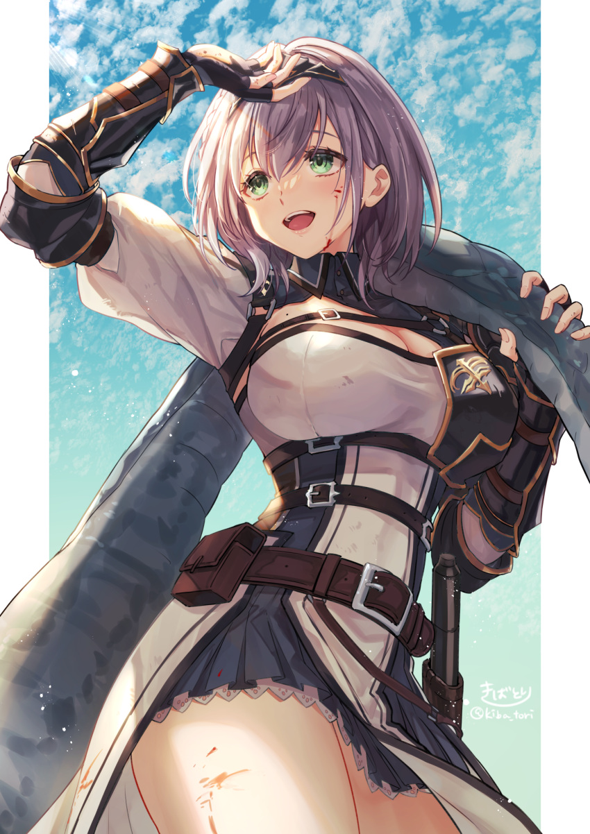 :d belt black_gloves blood blood_on_face blue_sky breasts chest_belt chest_guard cleavage cloud cloudy_sky commentary_request cowboy_shot day female fingerless_gloves gloves green_eyes grey_hair highres hololive kiba_tori large_breasts looking_away mole mole_on_breast open_mouth pelvic_curtain pouch shirogane_noel shirogane_noel_(1st_costume) short_hair sky smile solo twitter_username vambraces virtual_youtuber wavy_hair