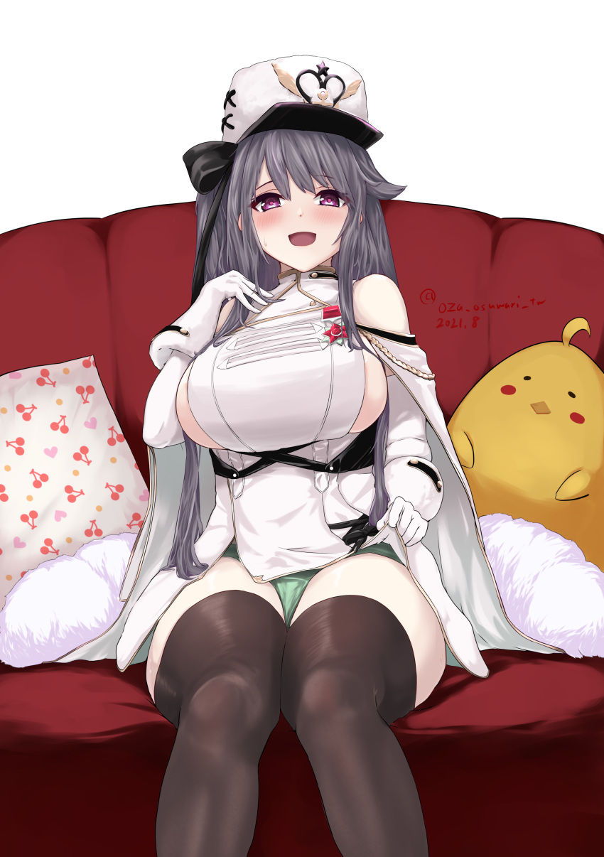 absurdres azur_lane bare_shoulders breasts brown_thighhighs cape detached_sleeves female fur-trimmed_cape fur_trim gloves green_panties grey_hair hat highres lifting_own_clothes long_hair manjuu_(azur_lane) medal open_mouth oza_osuwari pamiat_merkuria_(azur_lane) panties peaked_cap pillow purple_eyes sideboob sitting thighhighs underwear white_gloves white_headwear