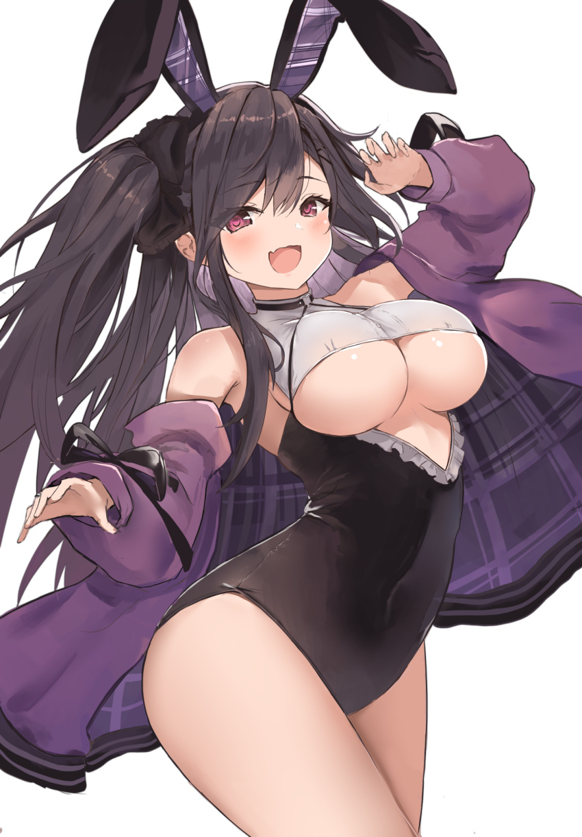 animal_ears azur_lane bare_shoulders black_hair black_leotard blush breasts cowboy_shot female hair_ornament heart heart-shaped_pupils highres jacket large_breasts leotard liaowen long_hair long_sleeves looking_at_viewer off_shoulder open_mouth pamiat_merkuria_(azur_lane) playboy_bunny purple_jacket rabbit_ears red_eyes simple_background smile solo symbol-shaped_pupils thighs underboob white_background