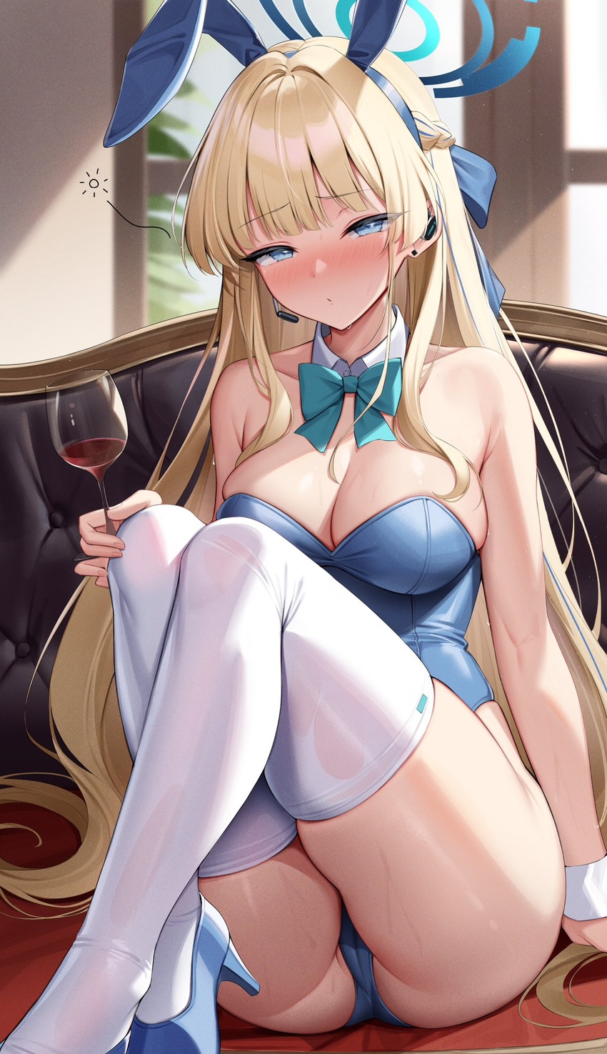 animal_ears ass bare_shoulders blonde_hair blue_archive blue_bow blue_eyes blue_hairband blue_halo blue_leotard blush bow bowtie braid breasts cleavage collarbone commentary_request couch cup detached_collar drinking_glass drunk earrings fake_animal_ears female hairband halo headset high_heels highleg highleg_leotard highres holding holding_cup indoors jewelry knees_up kyonta leotard long_hair medium_breasts microphone official_alternate_costume official_alternate_hairstyle parted_lips piercing playboy_bunny rabbit_ears sitting solo squeans strapless strapless_leotard stud_earrings sweat thighhighs thighs toki_(blue_archive) toki_(bunny)_(blue_archive) very_long_hair white_thighhighs window wine_glass wrist_cuffs