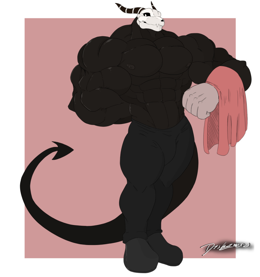 2021 abs anthro biceps big_muscles big_pecs black_body black_eyes black_fur bone bottomwear butler butler_position clothed clothing colored conditional_dnp demon dischimera footwear fur gloves handwear hi_res horn huge_muscles long_tail male malice muscular muscular_anthro muscular_arms muscular_male nipples pants pecs shaded shoes signature simple_background skull skull_head solo spade_tail tail tight_bottomwear tight_clothing tight_pants topless towel watermark