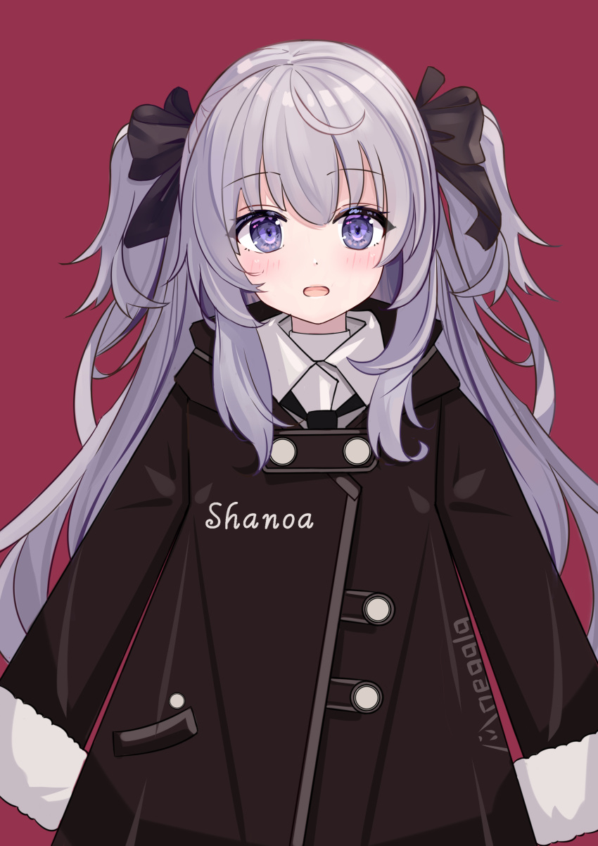 absurdres artist_name blush coat english_text female hair_ornament highres indie_virtual_youtuber long_hair looking_at_viewer moegala open_mouth purple_eyes purple_hair red_background shanoa_(vtuber) simple_background smile solo twintails virtual_youtuber