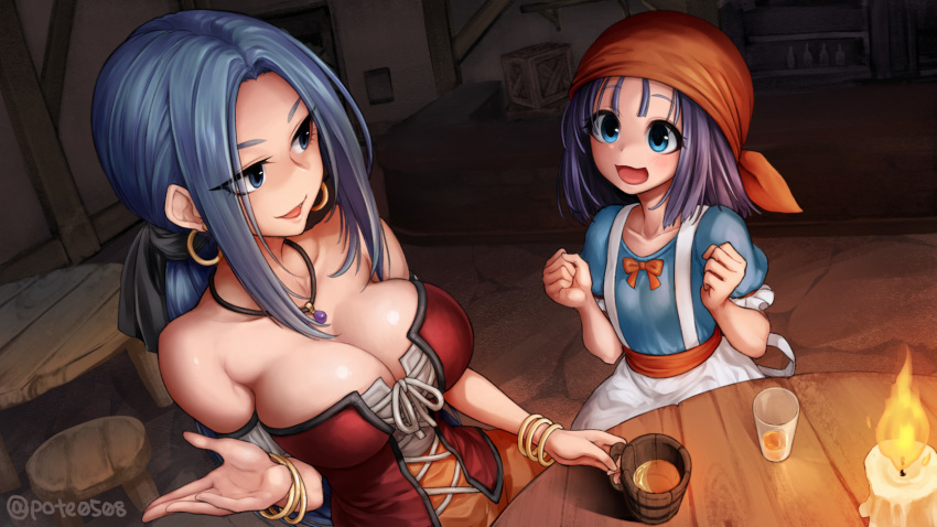 2girls :d apron bandana bare_shoulders blue_eyes blue_hair blue_shirt breasts candle collarbone commentary_request corset cup dragon_quest dragon_quest_ix fire highres jewelry large_breasts long_hair long_skirt low_ponytail mug multiple_girls necklace open_mouth orange_skirt pote0508 purple_hair red_bandana red_corset rikka_(dq9) ruida shirt short_hair skirt sleeveless smile table twitter_username white_apron