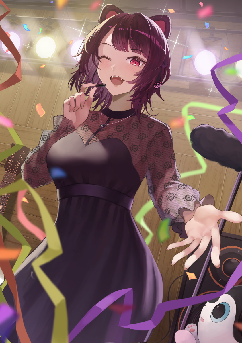 :d ;d absurdres animal_ears bad_id bad_pixiv_id black_dress blurry blurry_foreground blush breasts brown_hair cleavage commentary confetti cowboy_shot diffraction_spikes dog_ears dog_hair_ornament dress eyelashes fangs female guitar hair_ornament headset highres instrument inui_toko inui_toko_(5th_costume) jewelry looking_at_viewer medium_breasts microphone microphone_stand music necklace nijisanji official_alternate_costume official_alternate_hair_length official_alternate_hairstyle one_eye_closed open_mouth outstretched_hand purple_eyes purple_hair red_eyes saba-kann_(kannsaba) see-through see-through_cleavage short_hair singing smile solo speaker stage_lights swept_bangs teeth upper_teeth_only virtual_youtuber wooden_wall