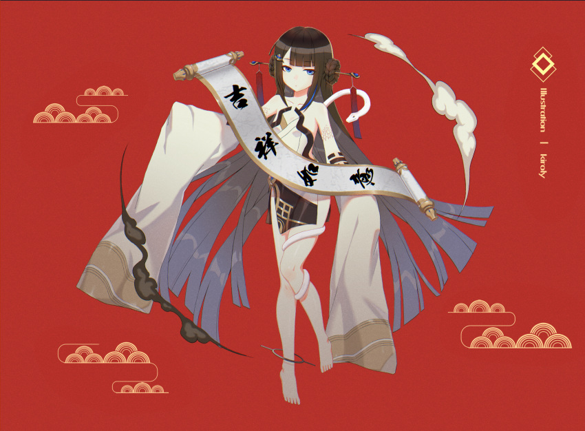 anklet bangs bare_shoulders barefoot blue_eyes brown_hair china_dress chinese_clothes chinese_new_year closed_mouth dress female full_body fuxi hair_ornament highres holding holding_scroll honkai_(series) honkai_impact_3rd jewelry kiroly long_sleeves looking_at_viewer new_year red_background scroll simple_background sleeveless sleeveless_dress smoke snake solo toes white_dress white_sleeves