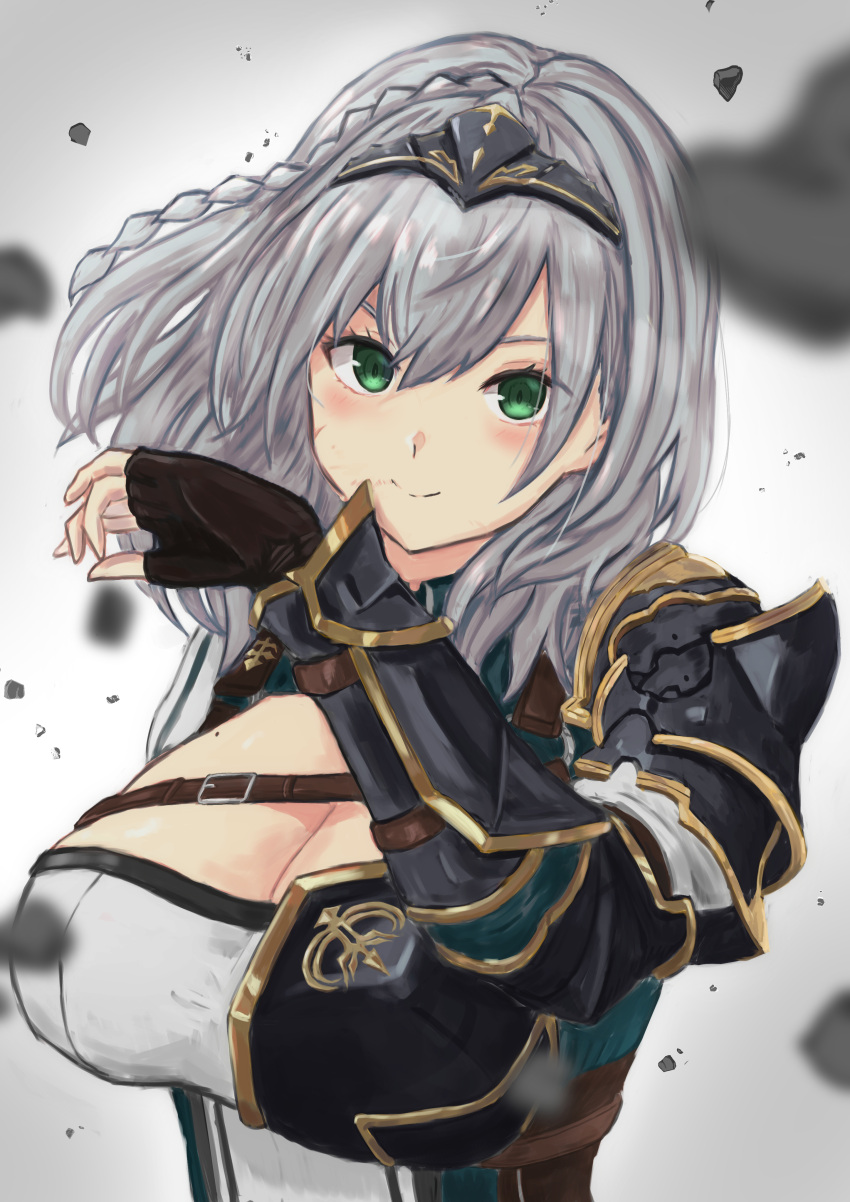 6mint absurdres armor black_gloves blush breasts chest_guard cleavage commentary_request debris female fingerless_gloves gloves green_eyes grey_background grey_hair headpiece highres hololive large_breasts looking_at_viewer medium_hair mole mole_on_breast pauldrons shirogane_noel shirogane_noel_(1st_costume) shoulder_armor single_pauldron single_vambrace smile solo upper_body vambraces virtual_youtuber wavy_hair