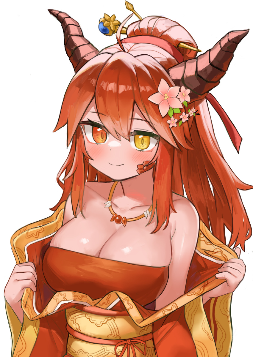 absurdres ahoge bare_shoulders blush breasts cleavage closed_mouth commission female flower hair_flower hair_ornament hair_stick heterochromia highres horns japanese_clothes jewelry kimono lapis_(rennyang) large_breasts long_hair necklace obi off_shoulder original pocari_(sq551) ponytail red_eyes red_hair sash scales sidelocks simple_background smile solo strapless tube_top undressing white_background yellow_eyes