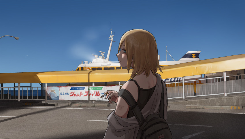 aki_(tabao) back backpack bag bare_shoulders blonde_hair blowing_smoke blue_eyes blue_sky boat cigarette commentary_request female highres holding holding_cigarette jacket lamppost long_hair looking_at_viewer medium_hair niigata_prefecture ocean off_shoulder original outdoors parted_lips partial_commentary real_world_location scar self-harm_scar sky smoke smoking solo tabao tank_top translation_request watercraft