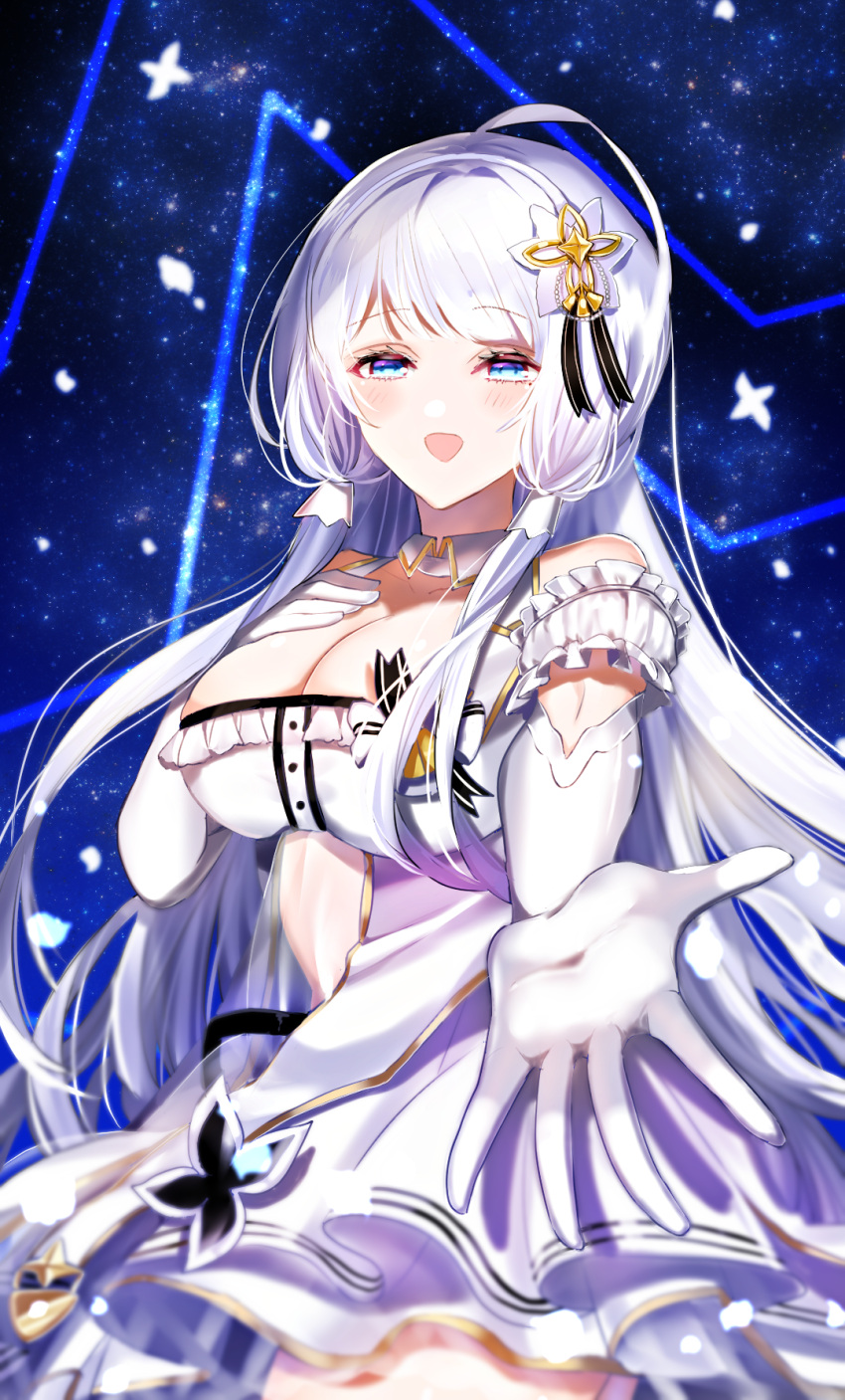 azur_lane blue_eyes breasts cleavage collar elbow_gloves female frills gloves hair_ornament hand_on_own_chest highres illustrious_(azur_lane) illustrious_(muse)_(azur_lane) large_breasts long_hair looking_at_viewer low-tied_long_hair miniskirt open_mouth see-through skirt solo very_long_hair white_collar white_gloves white_hair white_skirt yappi~shagan