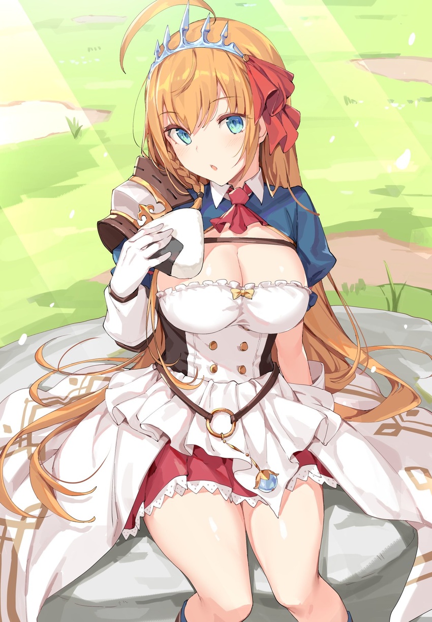 ahoge bangs banned_artist blue_eyes blush braid breasts cleavage eyebrows_visible_through_hair female gloves hair_between_eyes hair_ornament hair_ribbon highres ikomochi large_breasts long_hair looking_at_viewer open_mouth orange_hair pecorine princess_connect! princess_connect!_re:dive red_ribbon ribbon short_sleeves solo tiara very_long_hair