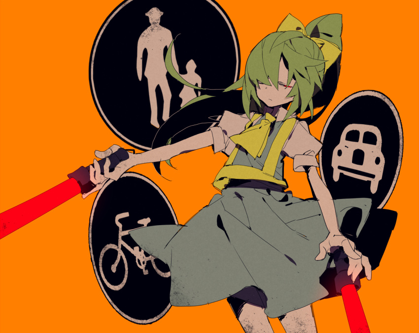 alternate_eye_color ascot blue_shirt blue_vest bobo_(nicoseiga29478507) bow closed_mouth commentary cookie_(touhou) daiyousei diyusi_(cookie) dual_wielding expressionless feet_out_of_frame female green_hair hair_between_eyes hairbow half-closed_eyes high-visibility_vest highres holding long_hair looking_at_viewer off_(game) offside:_diyusi orange_background ponytail puffy_short_sleeves puffy_sleeves red_eyes road_sign shirt short_sleeves sign solo touhou traffic_baton vest yellow_ascot yellow_bow