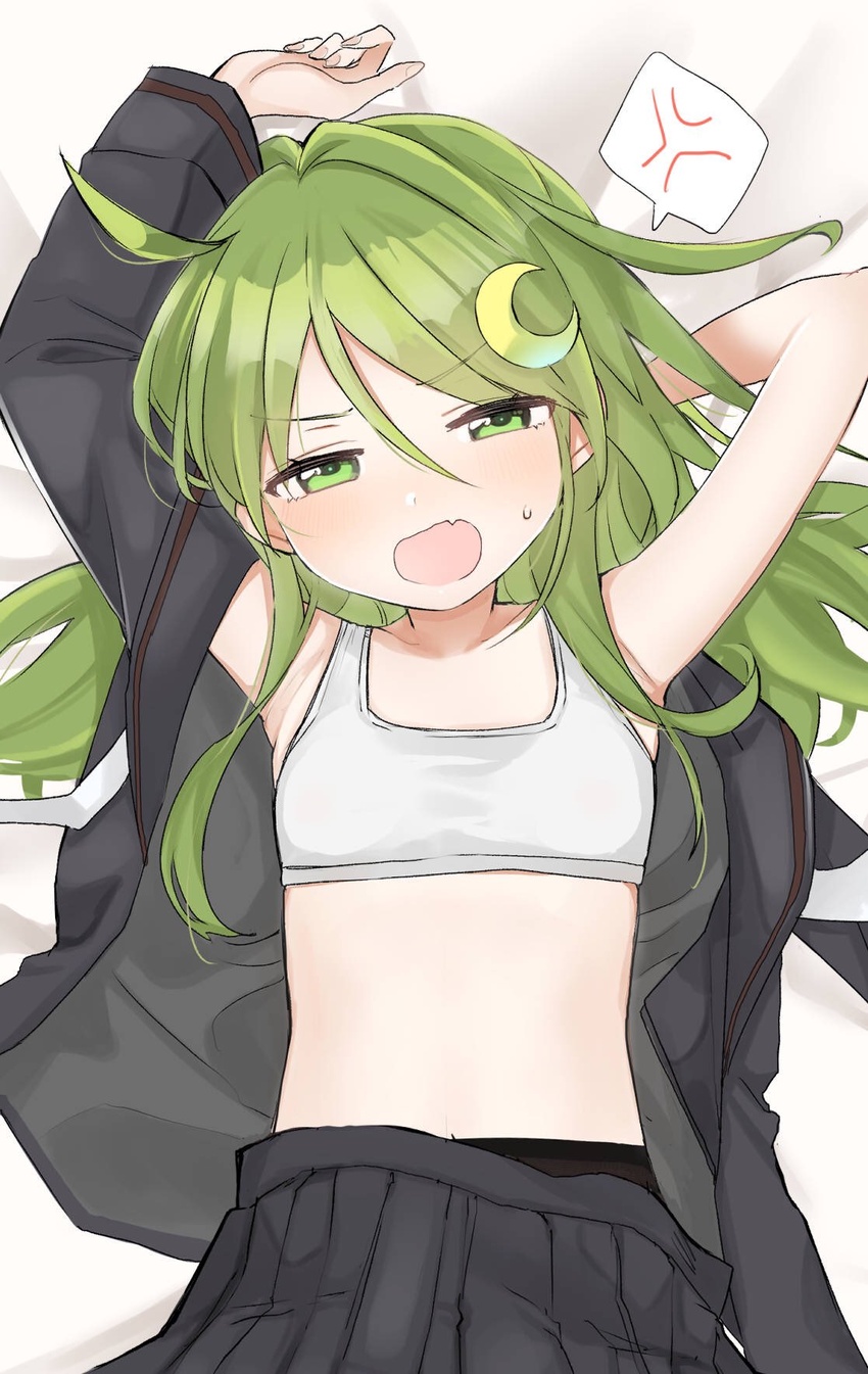 ahoge anger_vein arms_behind_head black_skirt blush commentary crescent crescent_hair_ornament emirio_(emirio110) female flat_chest from_above green_eyes green_hair hair_ornament half-closed_eyes highres kantai_collection long_hair long_sleeves looking_at_viewer lying nagatsuki_(kancolle) oerba_yun_fang on_back on_bed open_clothes open_mouth pleated_skirt school_uniform skin_fang skirt solo speech_bubble spoken_anger_vein sports_bra upper_body white_sports_bra