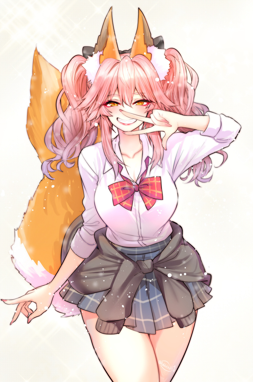 animal_ear_fluff animal_ears blush commentary_request fate/extella fate/extra fate_(series) female fox_ears fox_girl fox_tail grin hair_between_eyes highres lipstick long_fingers looking_at_viewer makeup nail_polish parody pose revision school_uniform shirt simple_background skirt smile solo sono_bisque_doll_wa_koi_wo_suru tail tamamo_(fate) tamamo_no_mae_(fate/extra) tamamo_no_mae_(jk)_(fate) teeth thighs w white_background wisespeak yellow_eyes