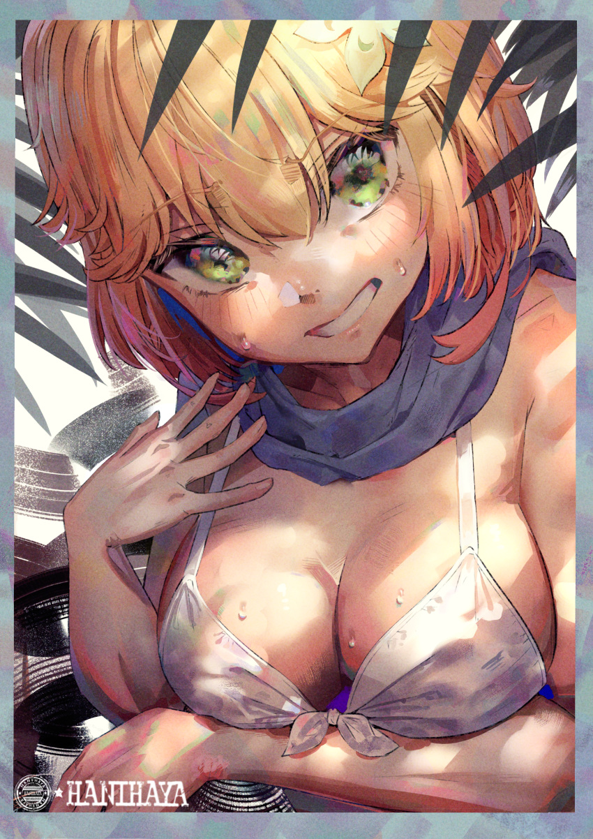 abstract_background absurdres armpit_crease artist_logo artist_name bikini blonde_hair blush border breast_hold breasts cleavage commentary female flipped_hair flower front-tie_top furrowed_brow gabriel_dropout green_eyes hair_between_eyes hair_flower hair_ornament hand_up hani_haya highres lips looking_at_viewer multicolored_border outdoors shade short_hair sideboob solo swimsuit tapris_chisaki_sugarbell upper_body wet white_bikini