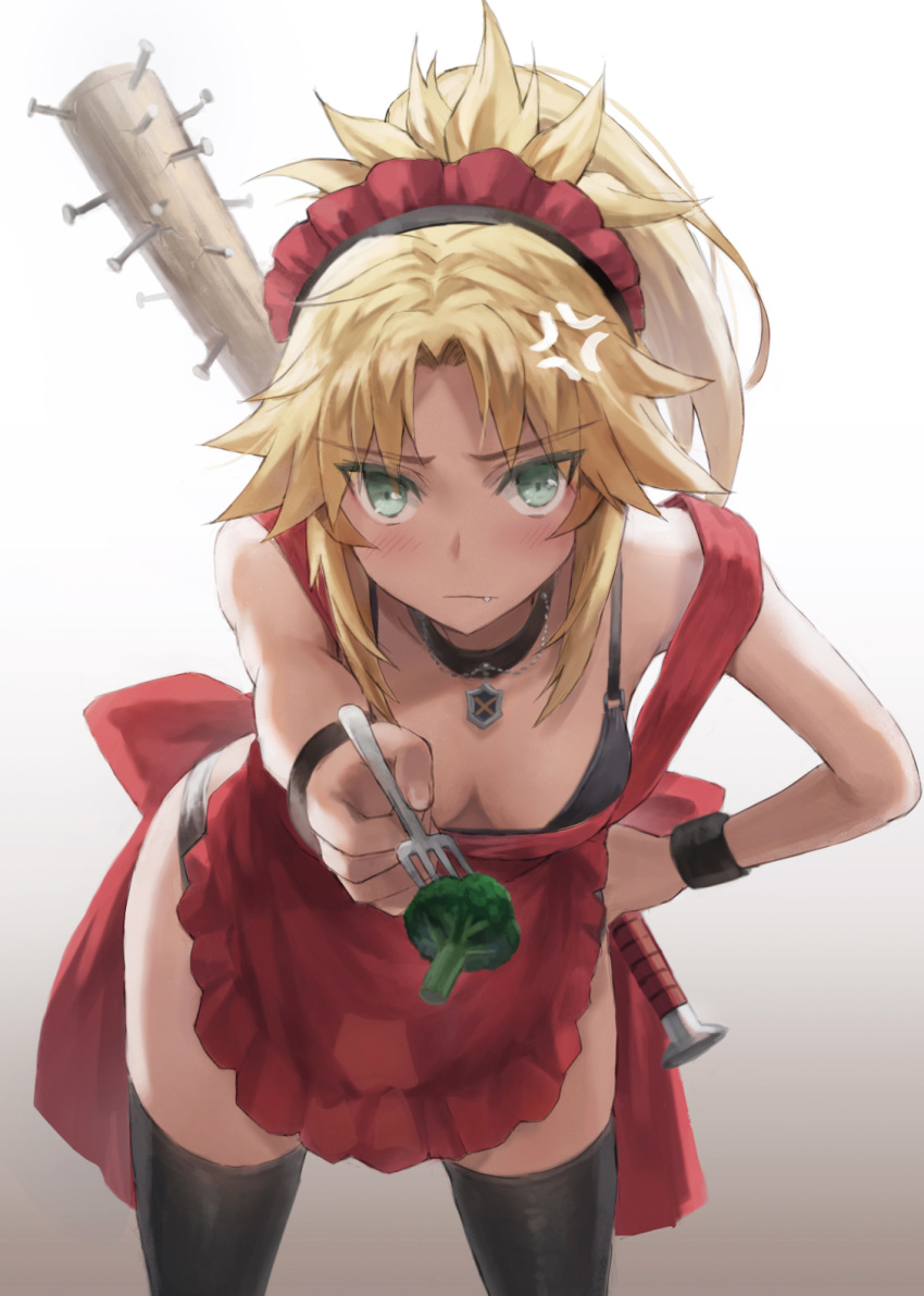 alternate_costume anger_vein baseball_bat black_footwear blonde_hair blush breasts broccoli closed_mouth commentary fate/apocrypha fate_(series) female fork green_eyes hair_ornament hair_scrunchie hand_on_own_hip highres holding holding_fork leaning_forward long_hair looking_at_viewer maid_headdress mordred_(fate) mordred_(fate/apocrypha) nail nail_bat oerba_yun_fang parted_bangs ponytail scrunchie sidelocks small_breasts smile solo thighhighs tonee wristband