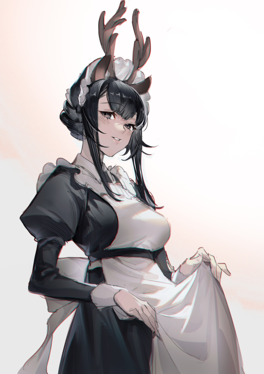 absurdres animal_ears antlers apron arknights bad_id bad_twitter_id black_dress black_eyes black_hair black_headwear blush bonnet breasts chromatic_aberration commentary_request deer_antlers deer_ears deer_girl dress female gui_mi highres horns juliet_sleeves large_breasts long_hair long_sleeves looking_at_viewer maid maid_apron official_alternate_costume parted_lips puffy_sleeves sidelocks simple_background solo tsukinogi_(arknights) tsukinogi_(londinium_style_miko)_(arknights) white_apron